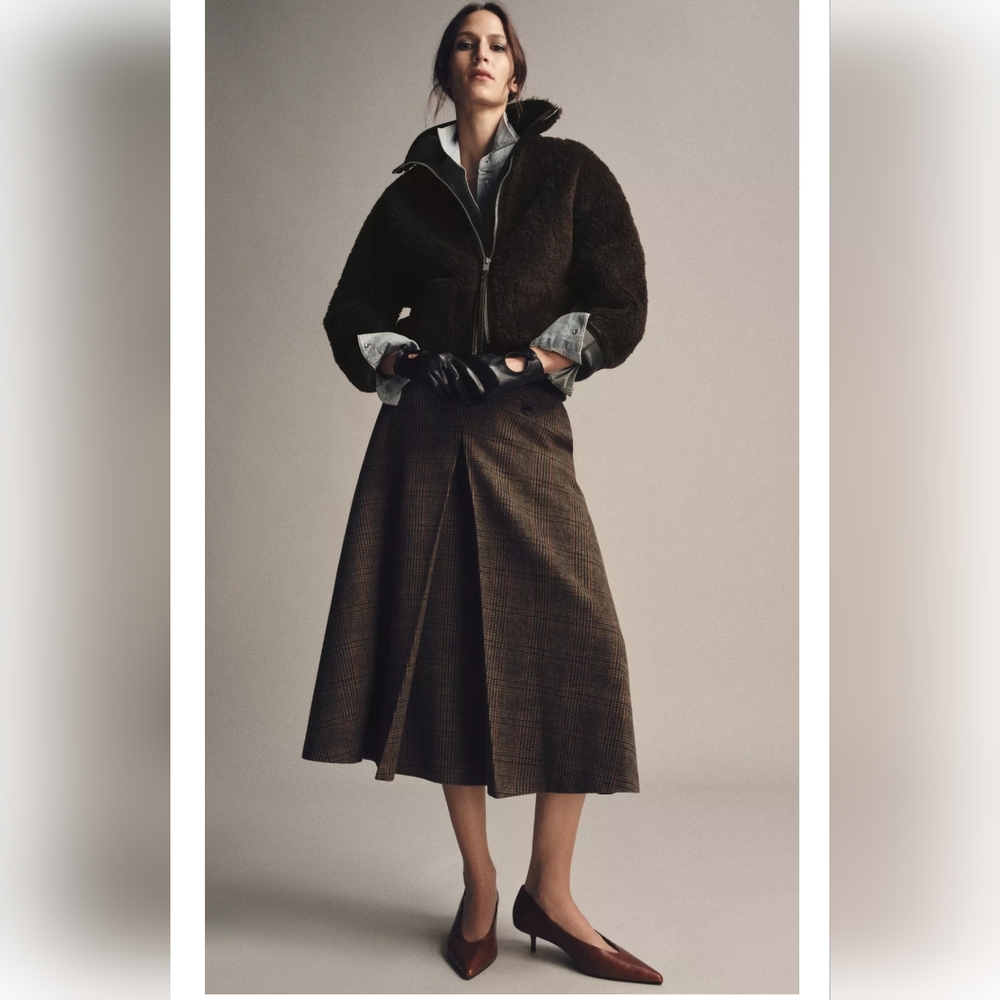 Zara New Collection Wool Midi Plaid Skirt